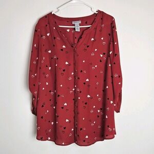 Catherines Womens Sz 14 16 Georgette Button Front Roll Tab Sleeve Top Red Hearts